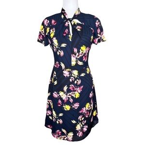 Banana Republic New Dress Twist Neck Short Sleeve Sheath Floral Navy Blue 0 XS